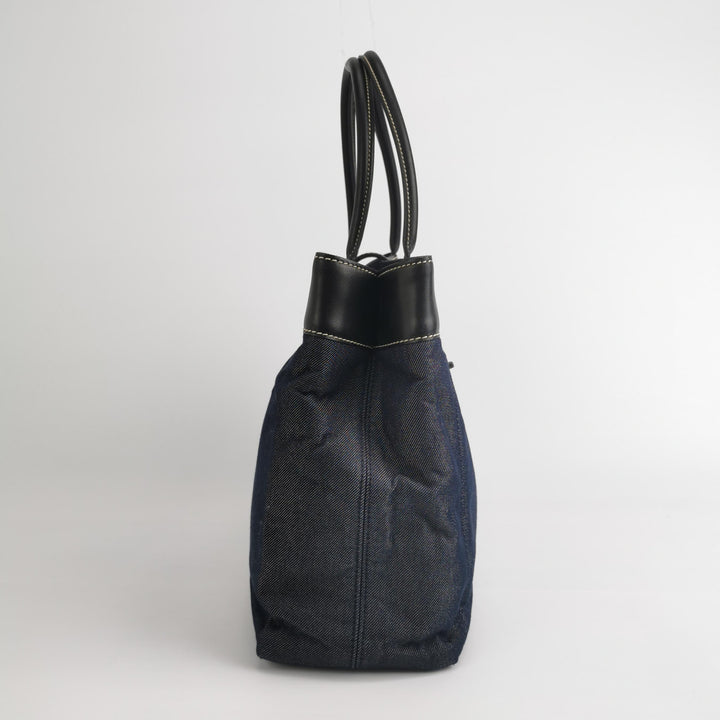 Chanel Vintage Large Tote Bag Blue Denim and Black Leather