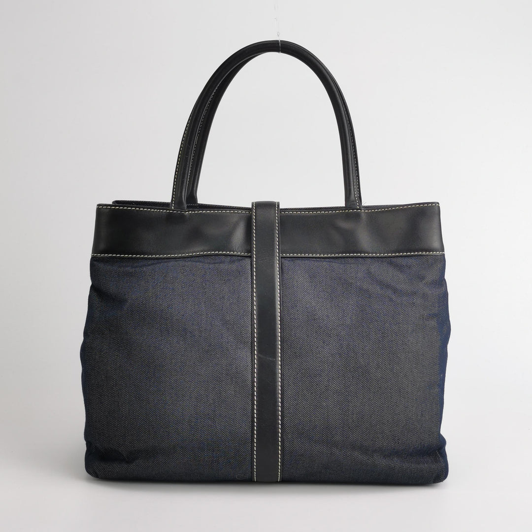 Chanel Vintage Large Tote Bag Blue Denim and Black Leather
