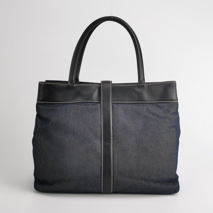 Chanel Vintage Large Tote Bag Blue Denim and Black Leather