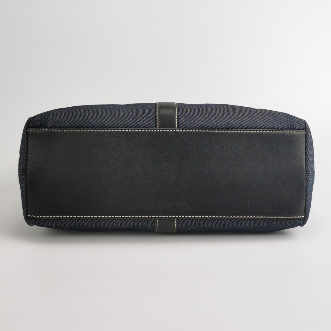 Chanel Vintage Large Tote Bag Blue Denim and Black Leather