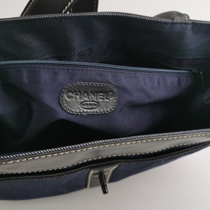 Chanel Vintage Large Tote Bag Blue Denim and Black Leather