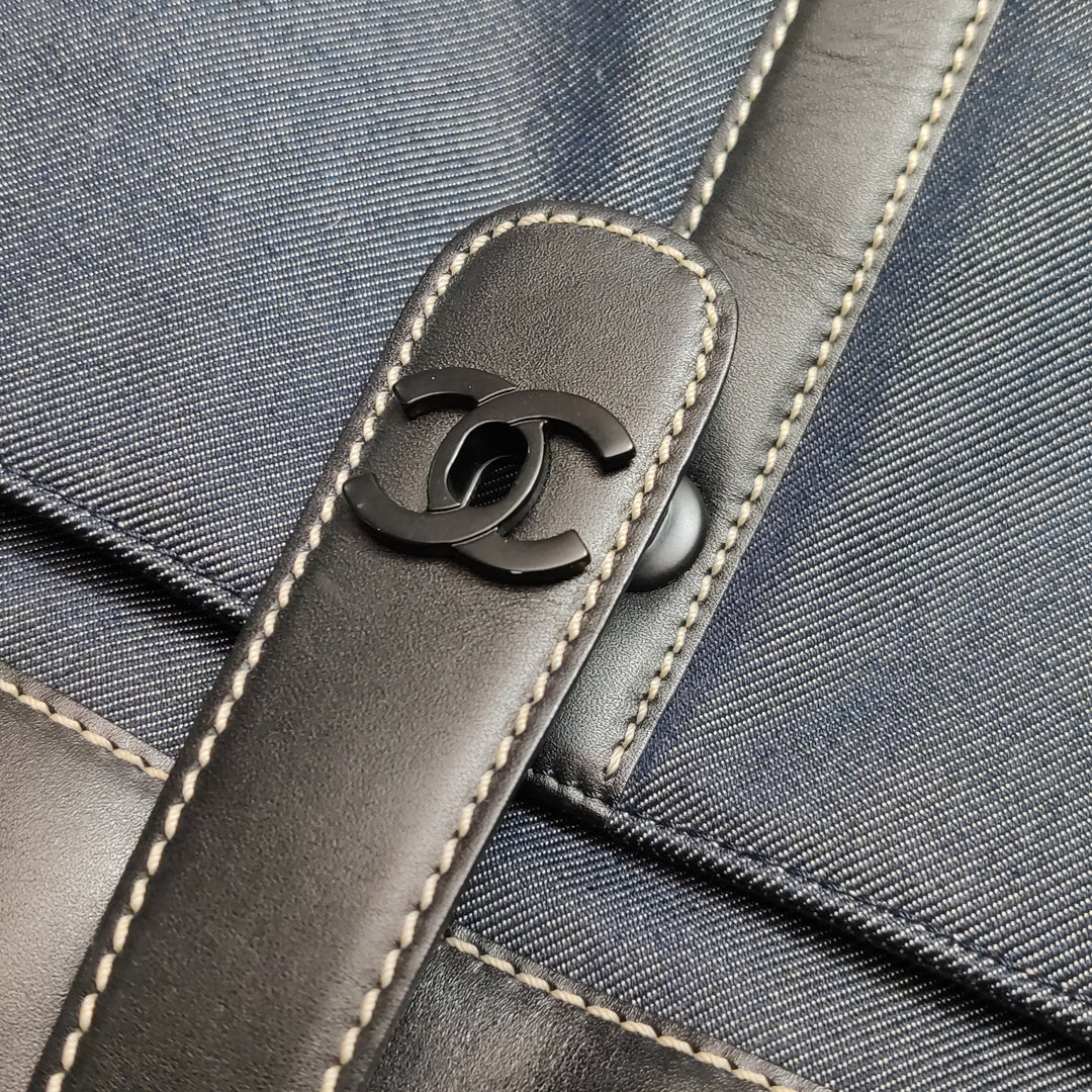 Chanel Vintage Large Tote Bag Blue Denim and Black Leather