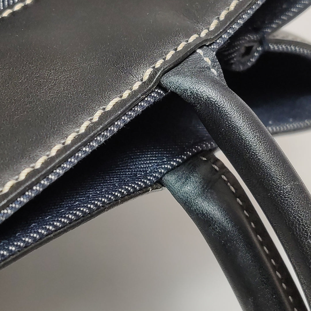 Chanel Vintage Large Tote Bag Blue Denim and Black Leather