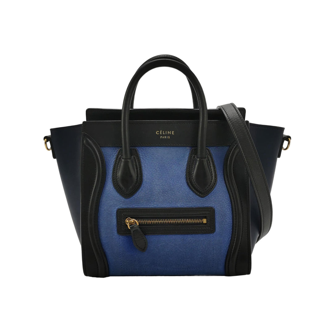 Celine Bicolour Leather Nano Luggage Tote Bag Black Blue