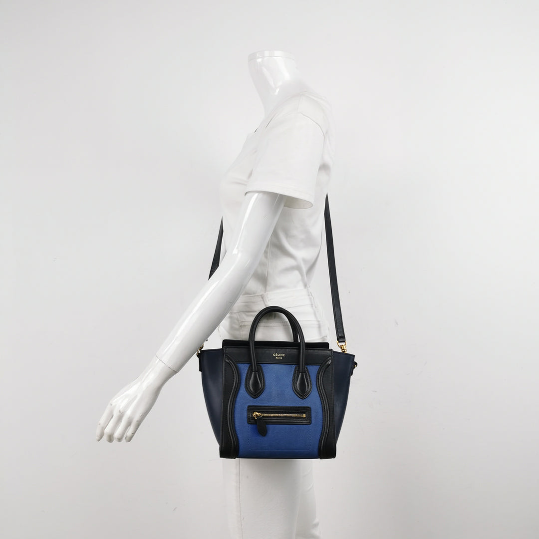 Celine Bicolour Leather Nano Luggage Tote Bag Black Blue