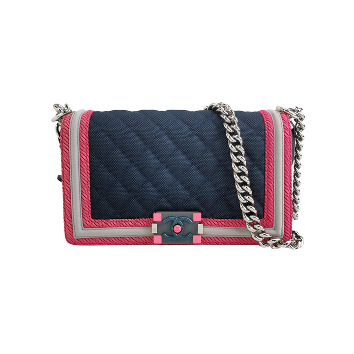 Chanel Medium Quilted Canvas Fluo Boy Flap Bag Dark Navy Fuchsia