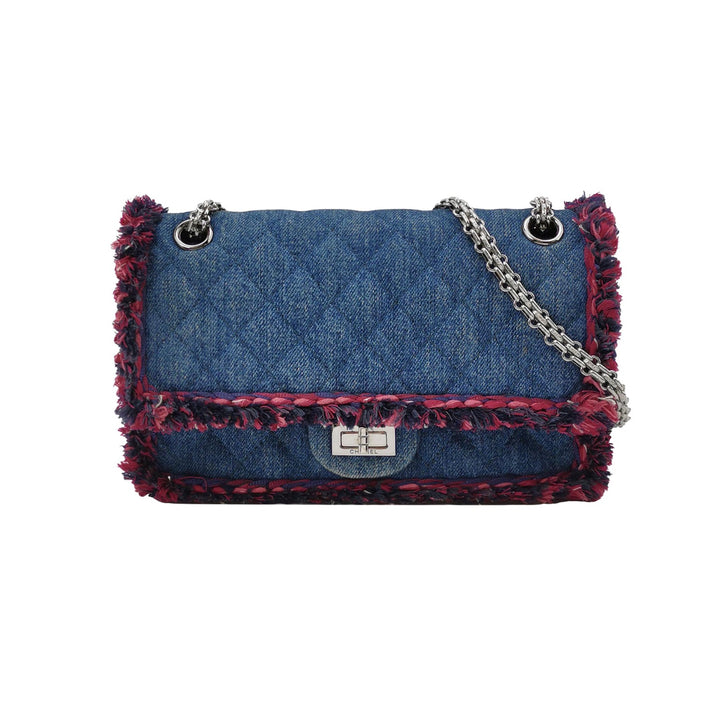 Chanel 2018 2.55 Double Flap Medium Denim Tweed Edges Silver Hardware