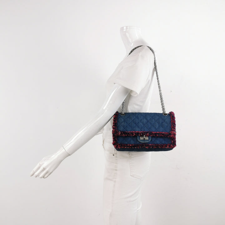 Chanel 2018 2.55 Double Flap Medium Denim Tweed Edges Silver Hardware