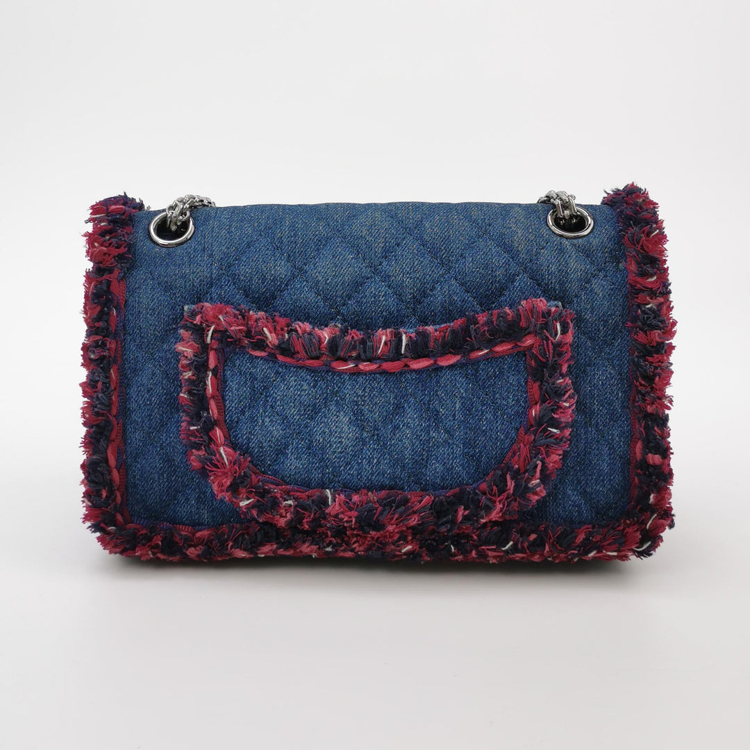 Chanel 2018 2.55 Double Flap Medium Denim Tweed Edges Silver Hardware