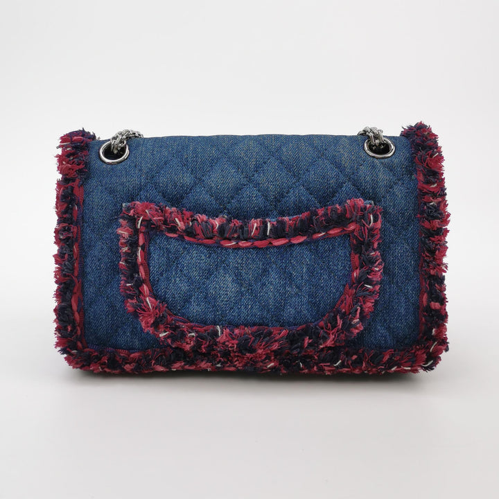 Chanel 2018 2.55 Double Flap Medium Denim Tweed Edges Silver Hardware