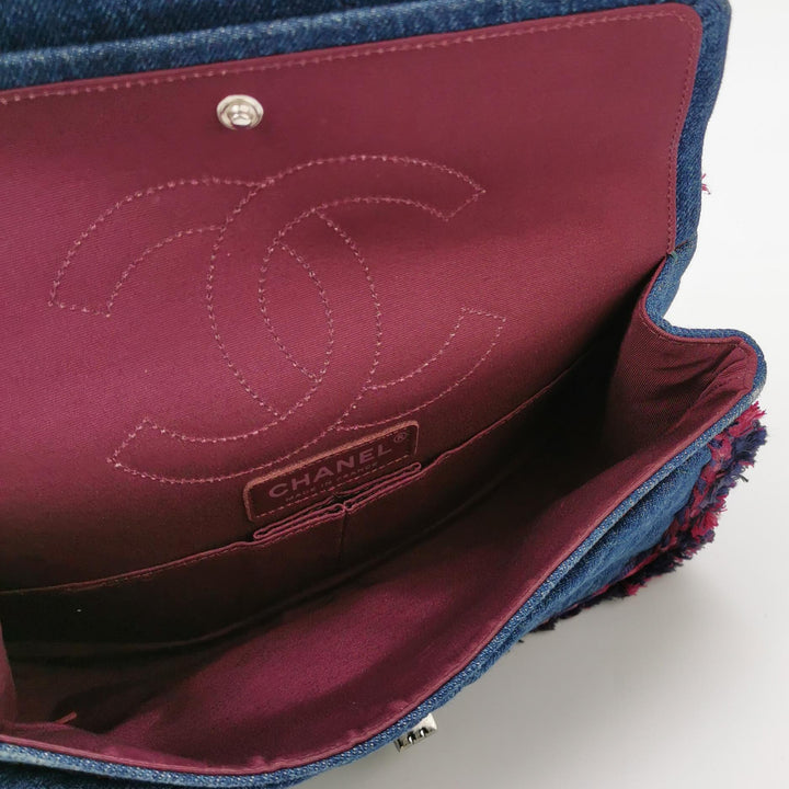 Chanel 2018 2.55 Double Flap Medium Denim Tweed Edges Silver Hardware