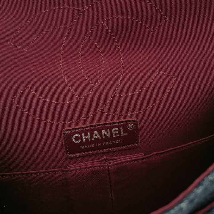 Chanel 2018 2.55 Double Flap Medium Denim Tweed Edges Silver Hardware