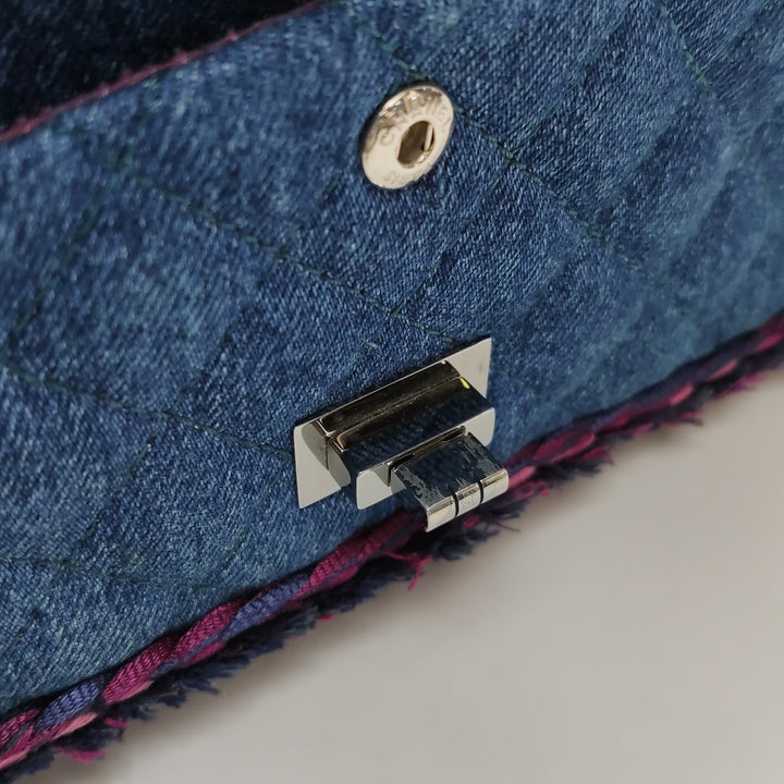 Chanel 2018 2.55 Double Flap Medium Denim Tweed Edges Silver Hardware