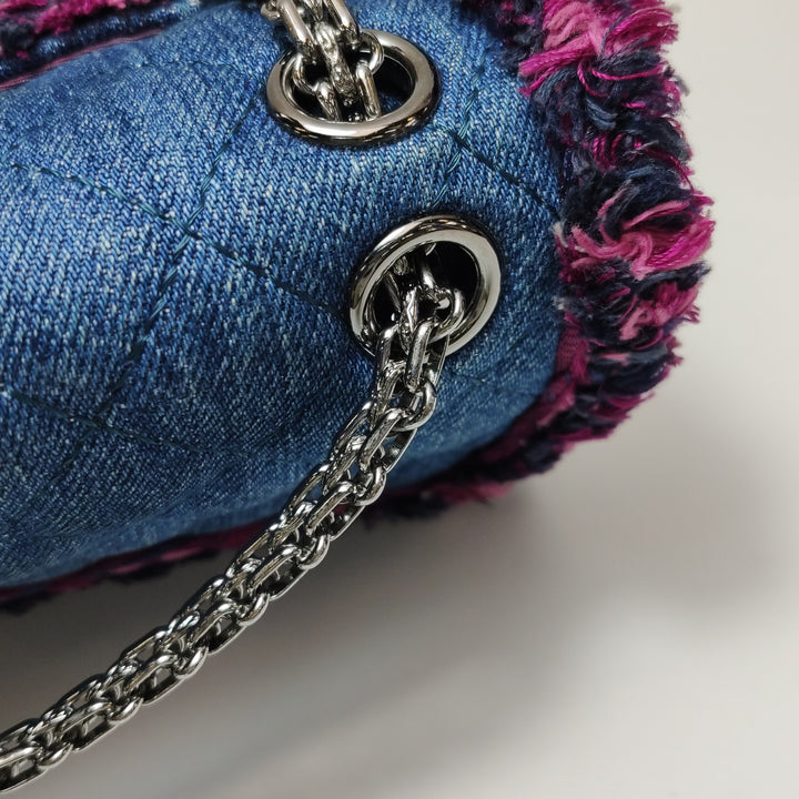 Chanel 2018 2.55 Double Flap Medium Denim Tweed Edges Silver Hardware