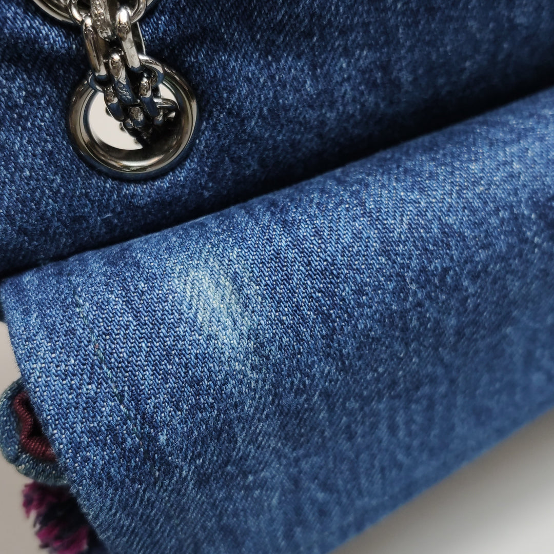 Chanel 2018 2.55 Double Flap Medium Denim Tweed Edges Silver Hardware