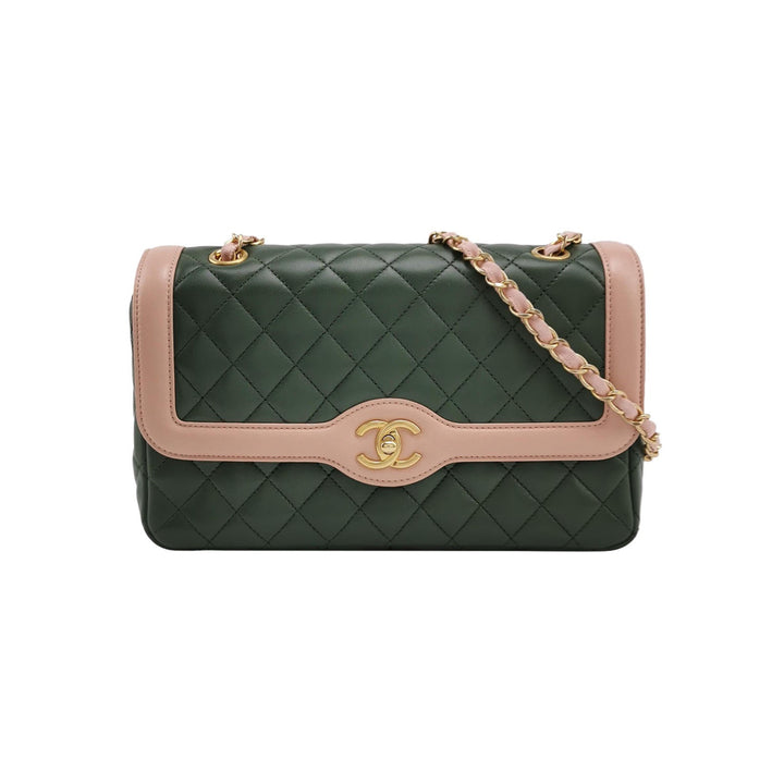 Chanel 2017 Bi-Colour Single Flap Bag Green Pink Lambskin Quilted