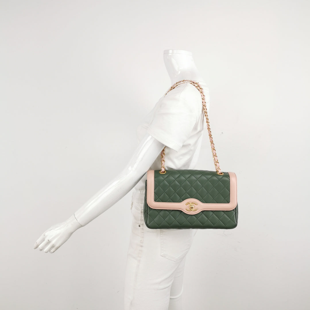 Chanel 2017 Bi-Colour Single Flap Bag Green Pink Lambskin Quilted