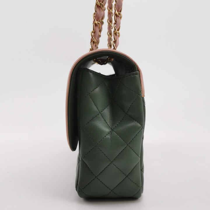 Chanel 2017 Bi-Colour Single Flap Bag Green Pink Lambskin Quilted