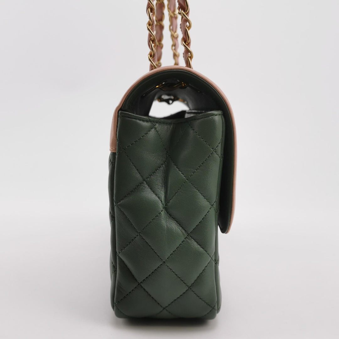 Chanel 2017 Bi-Colour Single Flap Bag Green Pink Lambskin Quilted