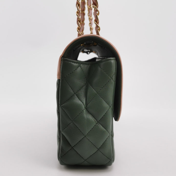 Chanel 2017 Bi-Colour Single Flap Bag Green Pink Lambskin Quilted