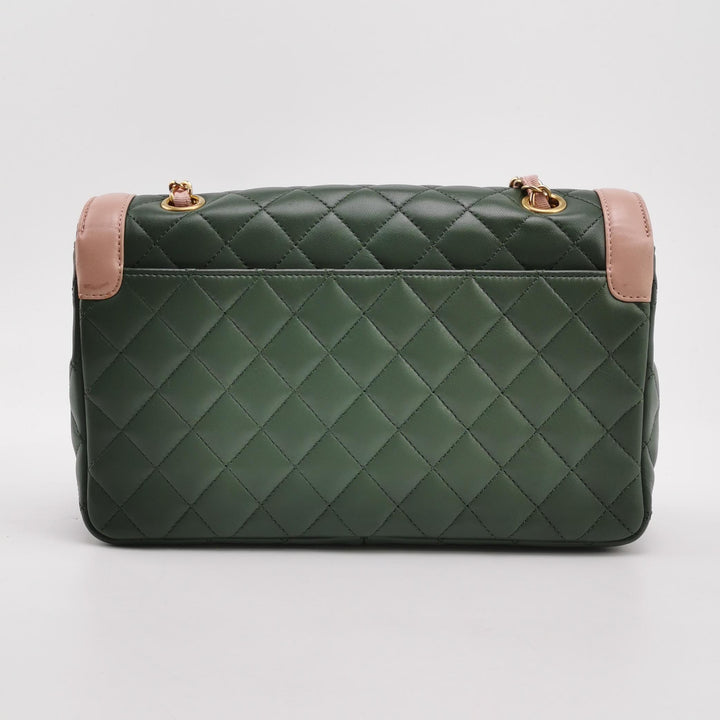 Chanel 2017 Bi-Colour Single Flap Bag Green Pink Lambskin Quilted