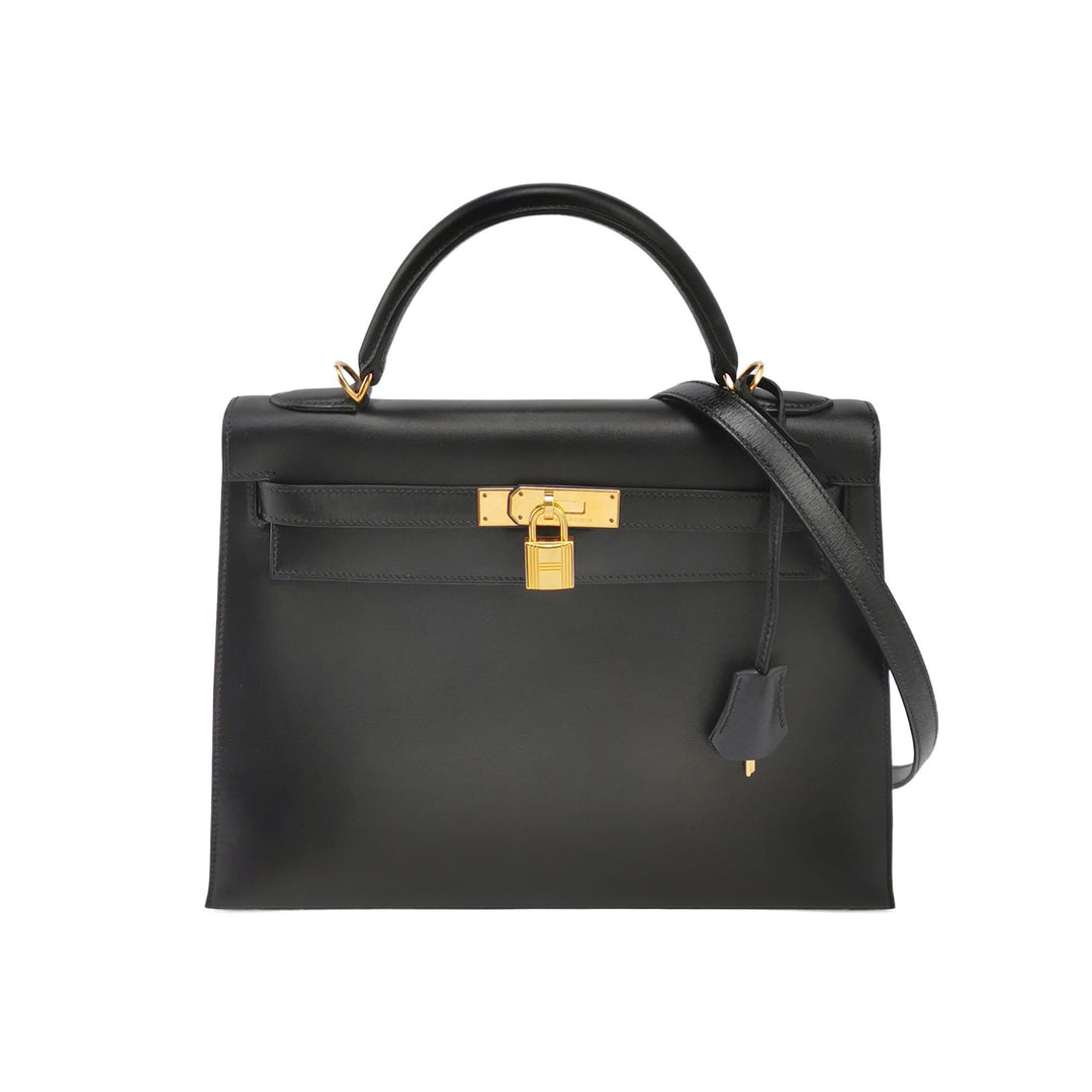 Hermes Kelly Vintage 32 In Black Sellier Box Bag