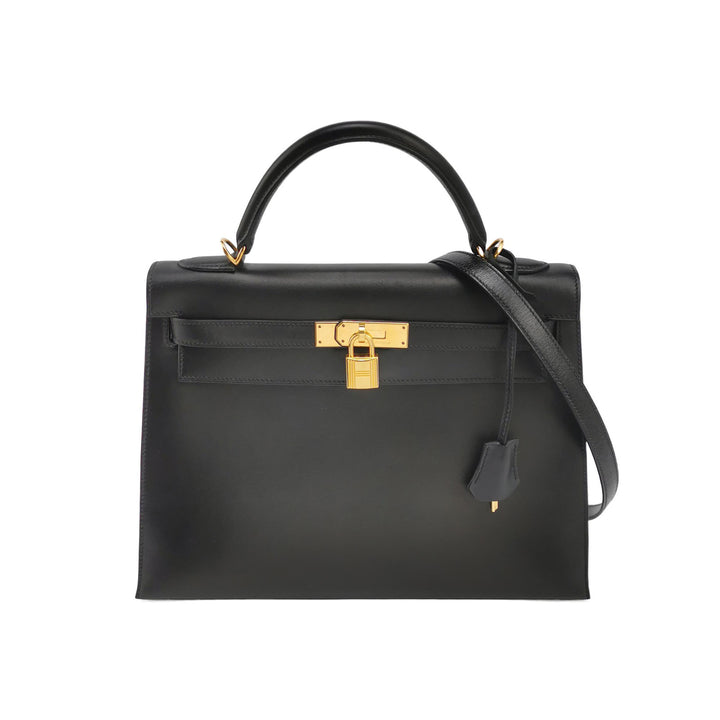 Hermes Kelly Vintage 32 In Black Sellier Box Bag