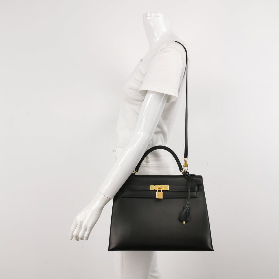 Hermes Kelly Vintage 32 In Black Sellier Box Bag