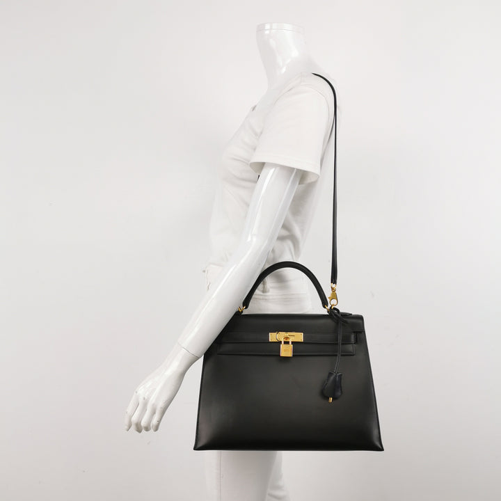 Hermes Kelly Vintage 32 In Black Sellier Box Bag