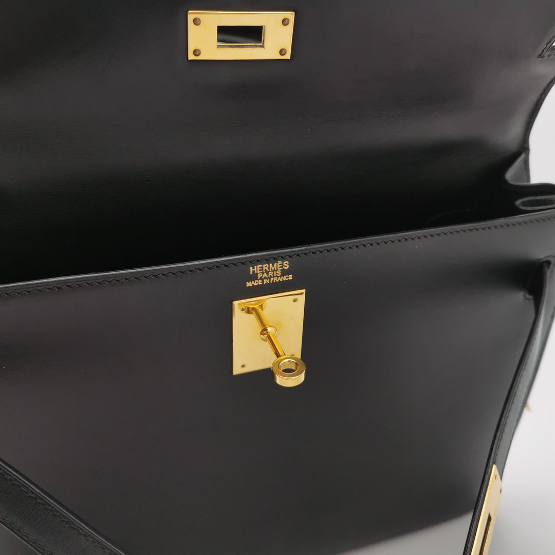 Hermes Kelly Vintage 32 In Black Sellier Box Bag