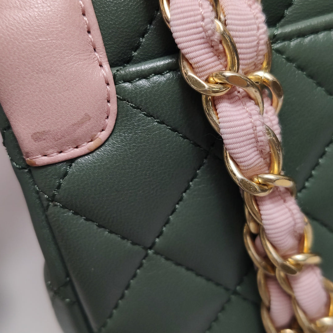 Chanel 2017 Bi-Colour Single Flap Bag Green Pink Lambskin Quilted