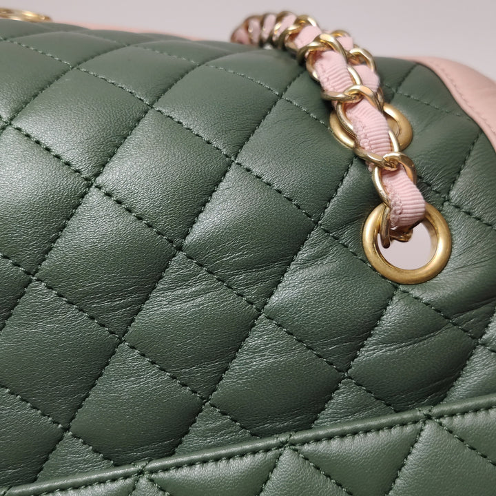 Chanel 2017 Bi-Colour Single Flap Bag Green Pink Lambskin Quilted