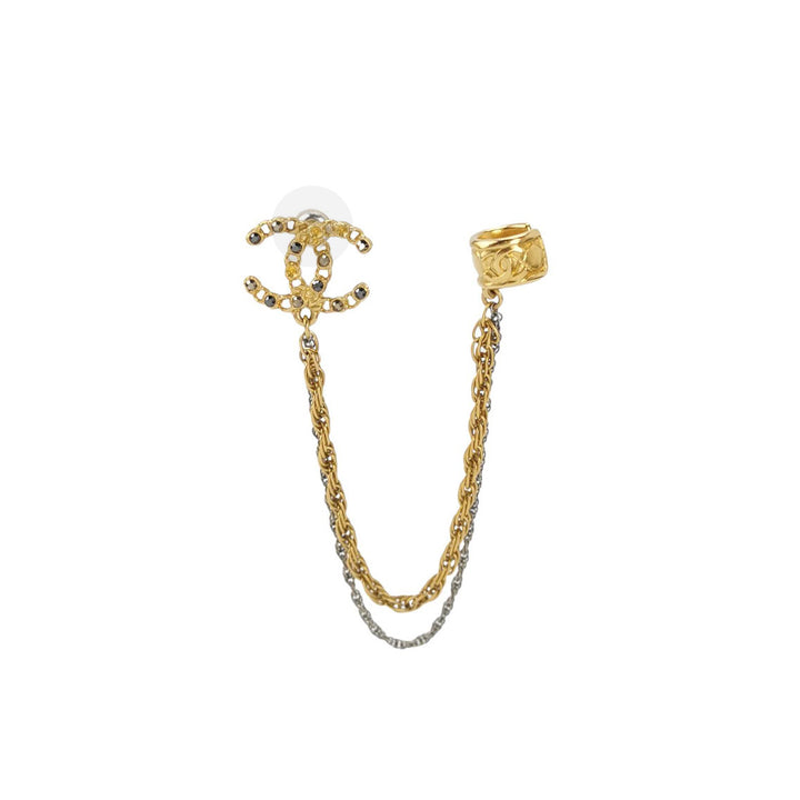 Chanel Crystal CC Chain Cuff Single Earring Gold Silver