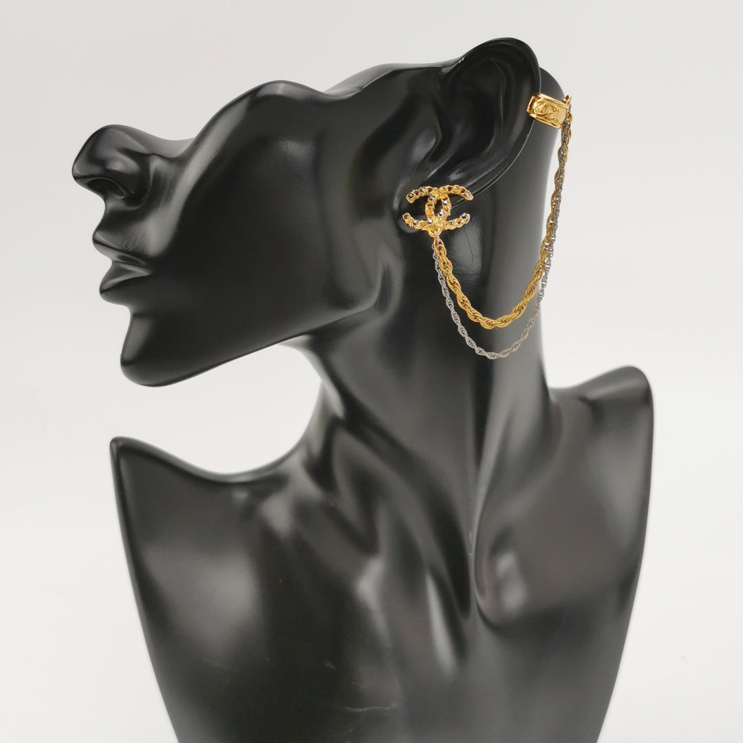 Chanel Crystal CC Chain Cuff Single Earring Gold Silver