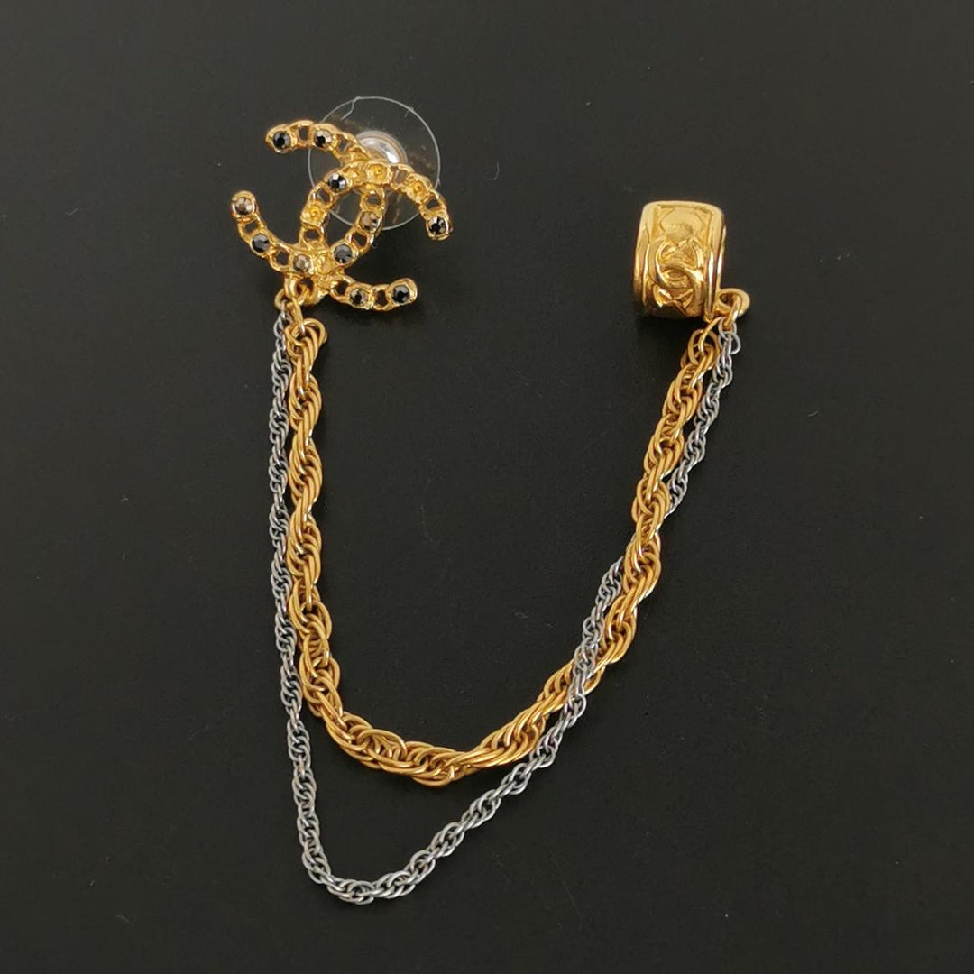 Chanel Crystal CC Chain Cuff Single Earring Gold Silver