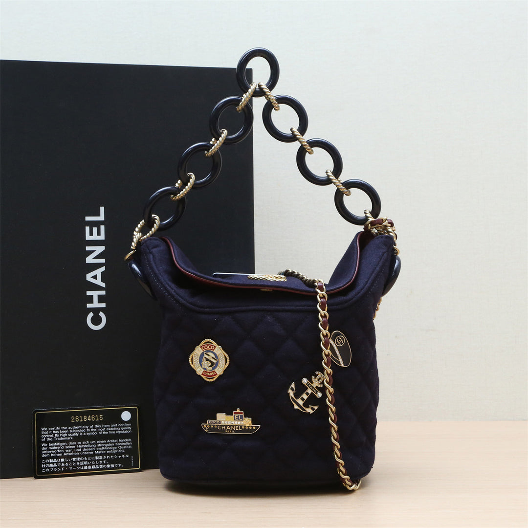 Chanel Paris-Hamburg Charms Bucket Bag In Navy Quilted Wool