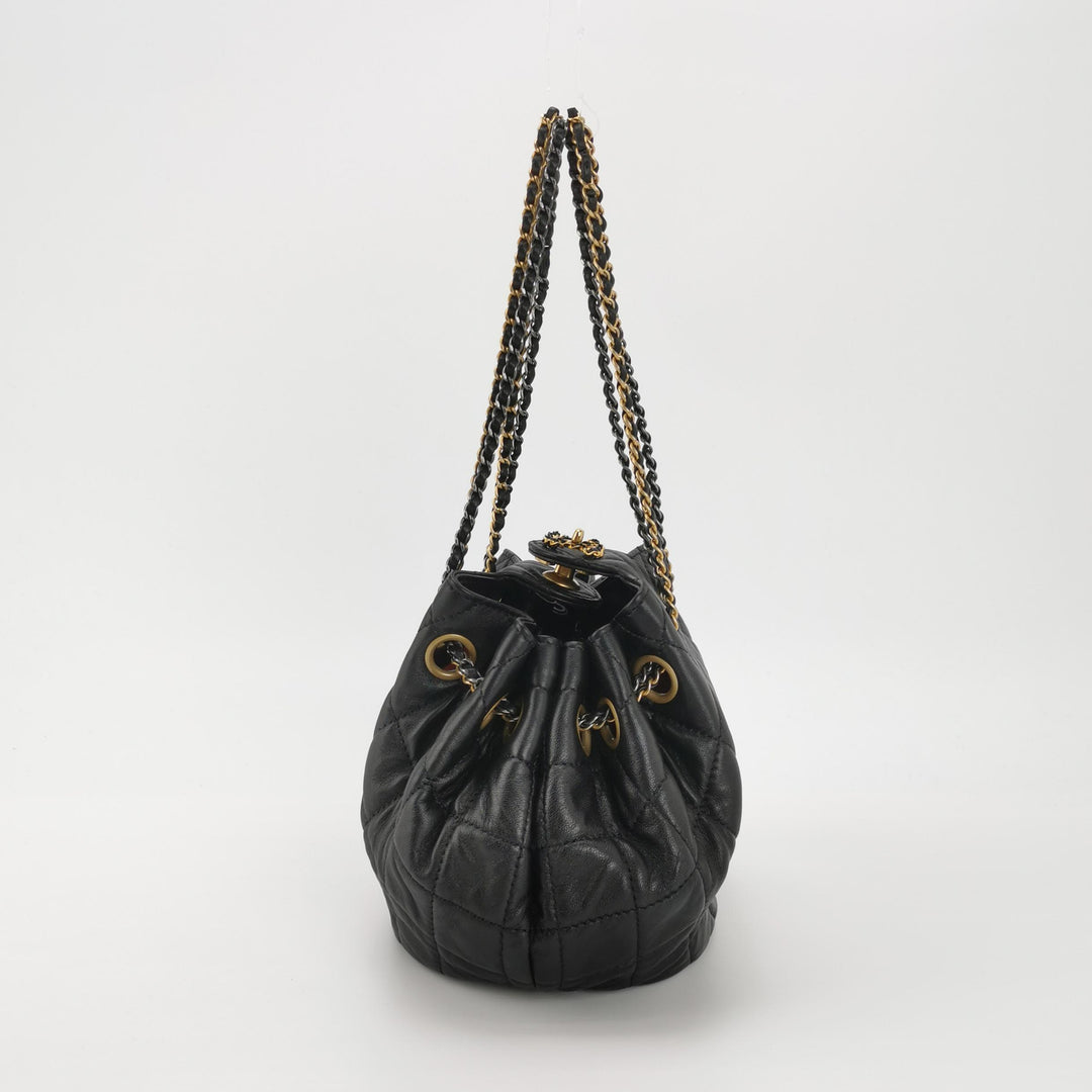 Chanel Drawstring Bucket Bag Black Quilted Lambskin Leather