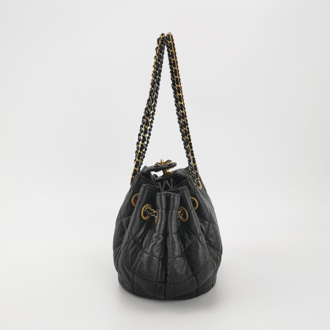 Chanel Drawstring Bucket Bag Black Quilted Lambskin Leather