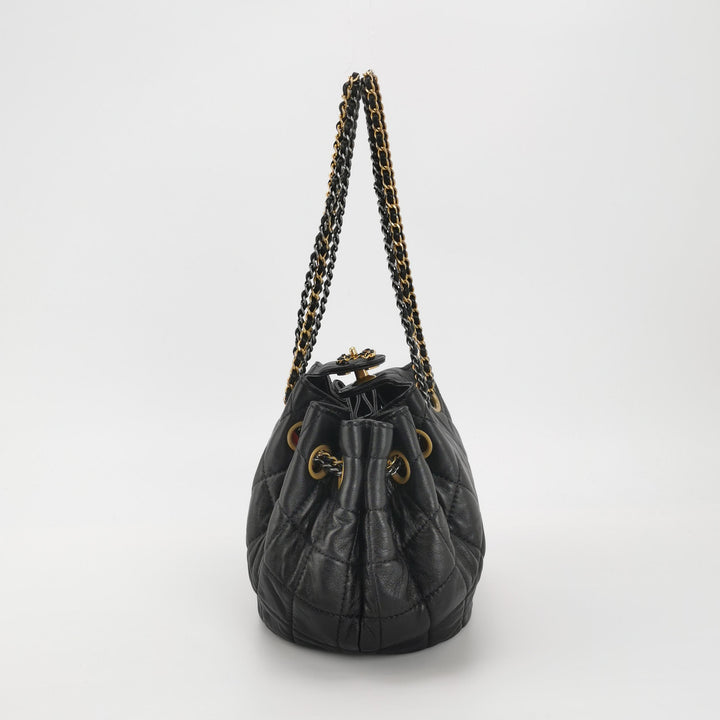 Chanel Drawstring Bucket Bag Black Quilted Lambskin Leather