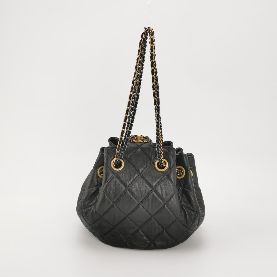 Chanel Drawstring Bucket Bag Black Quilted Lambskin Leather