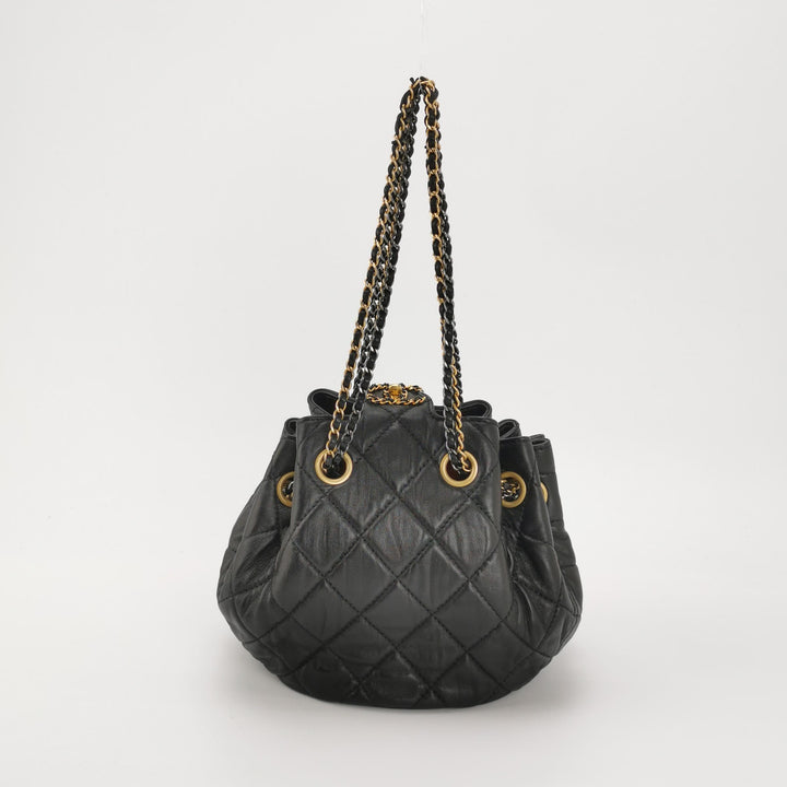 Chanel Drawstring Bucket Bag Black Quilted Lambskin Leather