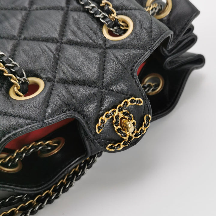 Chanel Drawstring Bucket Bag Black Quilted Lambskin Leather