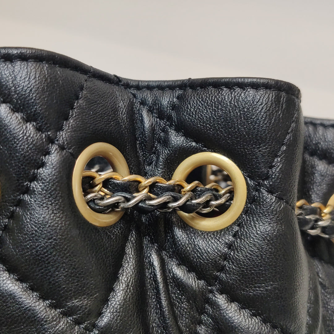 Chanel Drawstring Bucket Bag Black Quilted Lambskin Leather