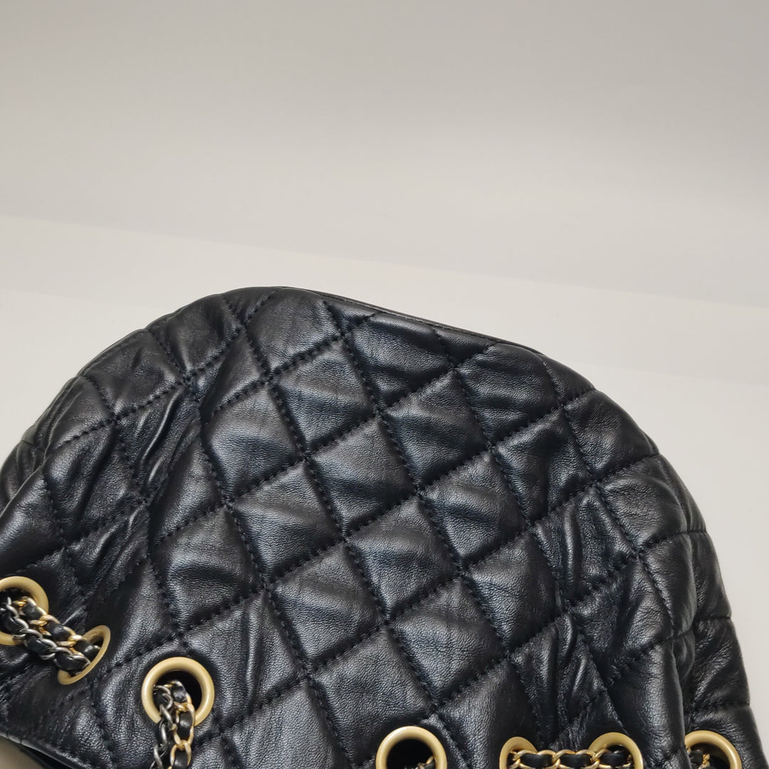 Chanel Drawstring Bucket Bag Black Quilted Lambskin Leather