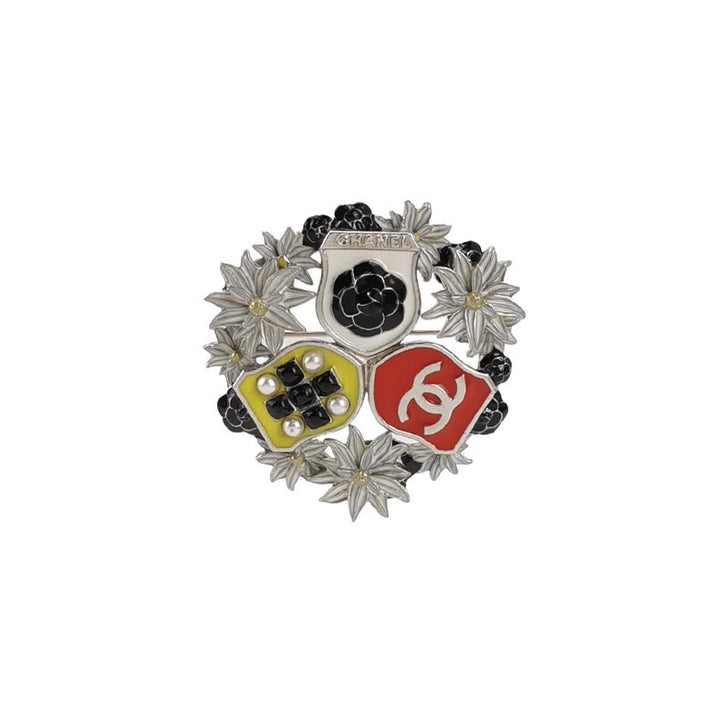 Chanel Pearl CC Camellia Badge Brooch Silver Red Black