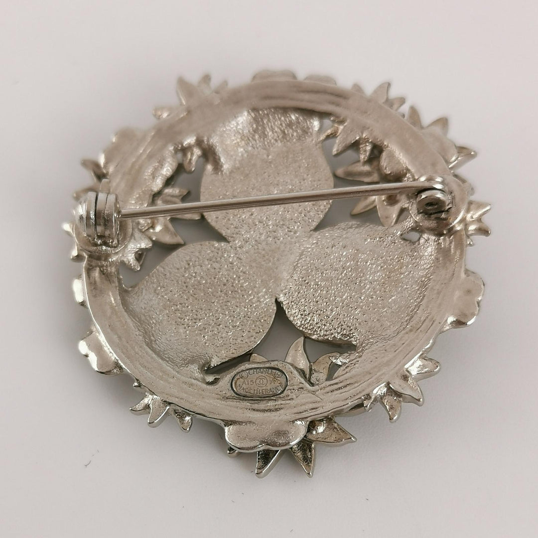 Chanel Pearl CC Camellia Badge Brooch Silver Red Black