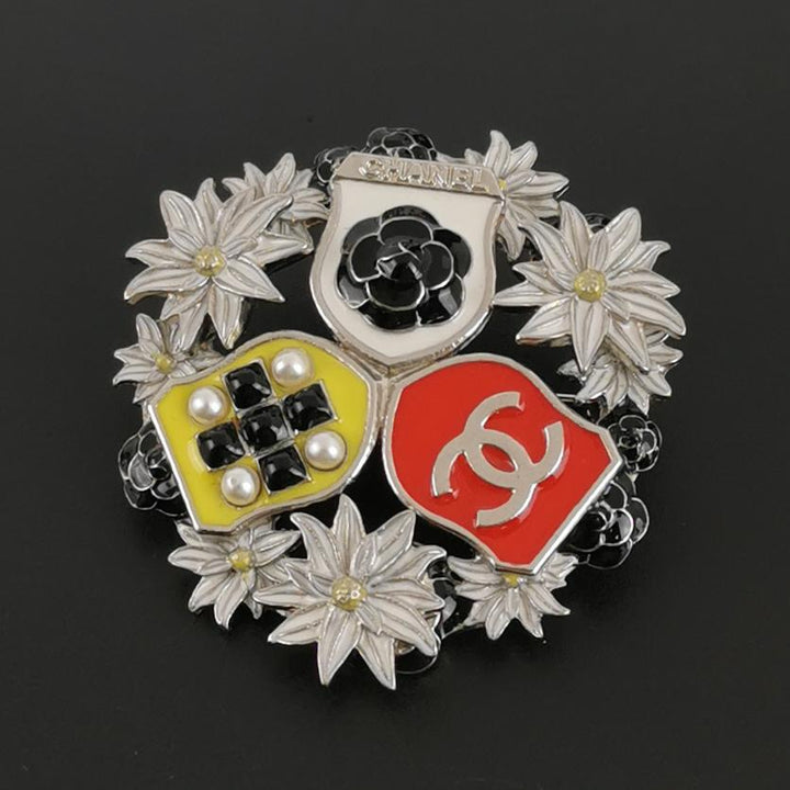 Chanel Pearl CC Camellia Badge Brooch Silver Red Black