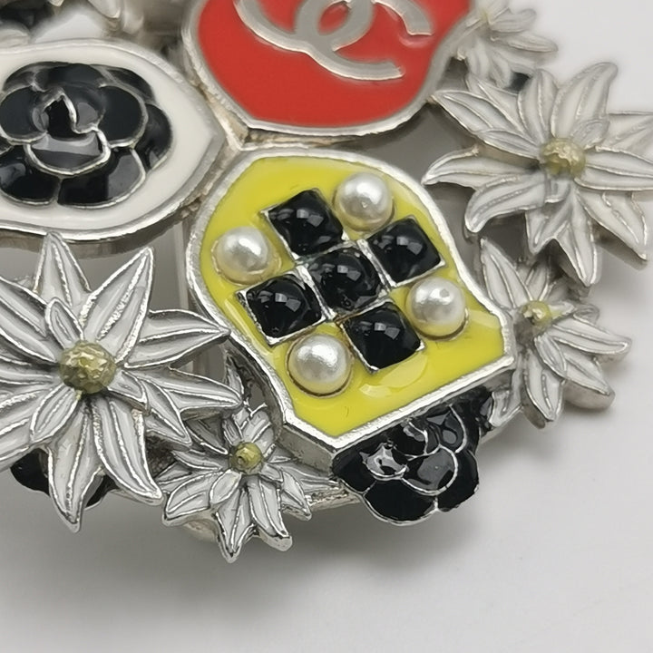 Chanel Pearl CC Camellia Badge Brooch Silver Red Black