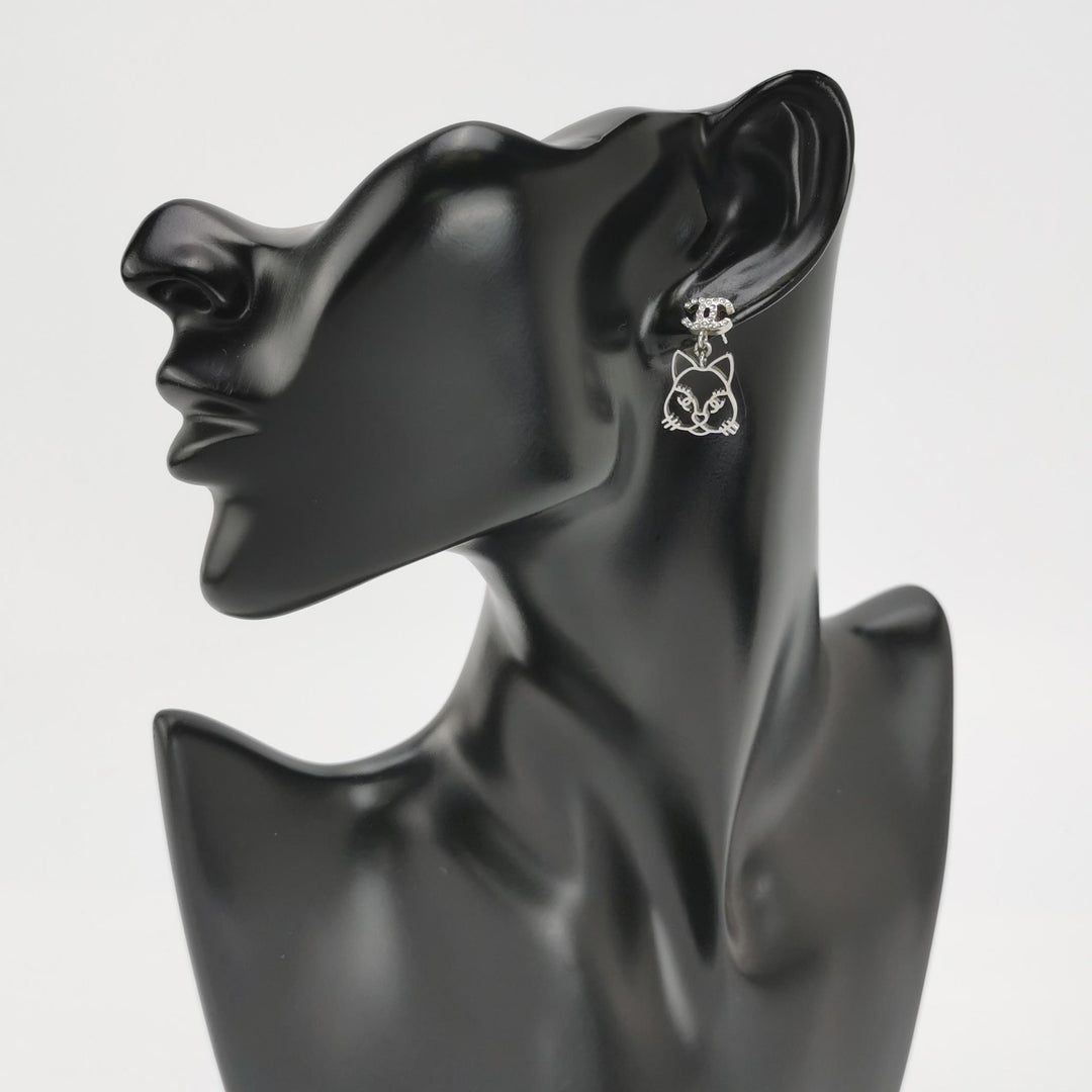 Chanel Strass Choupette Cat Emoji CC Drop Earrings
