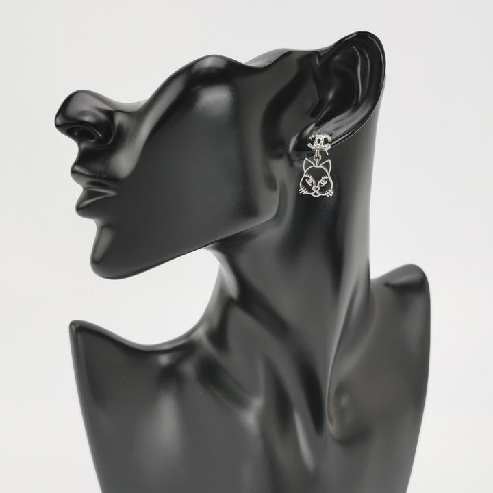 Chanel Strass Choupette Cat Emoji CC Drop Earrings